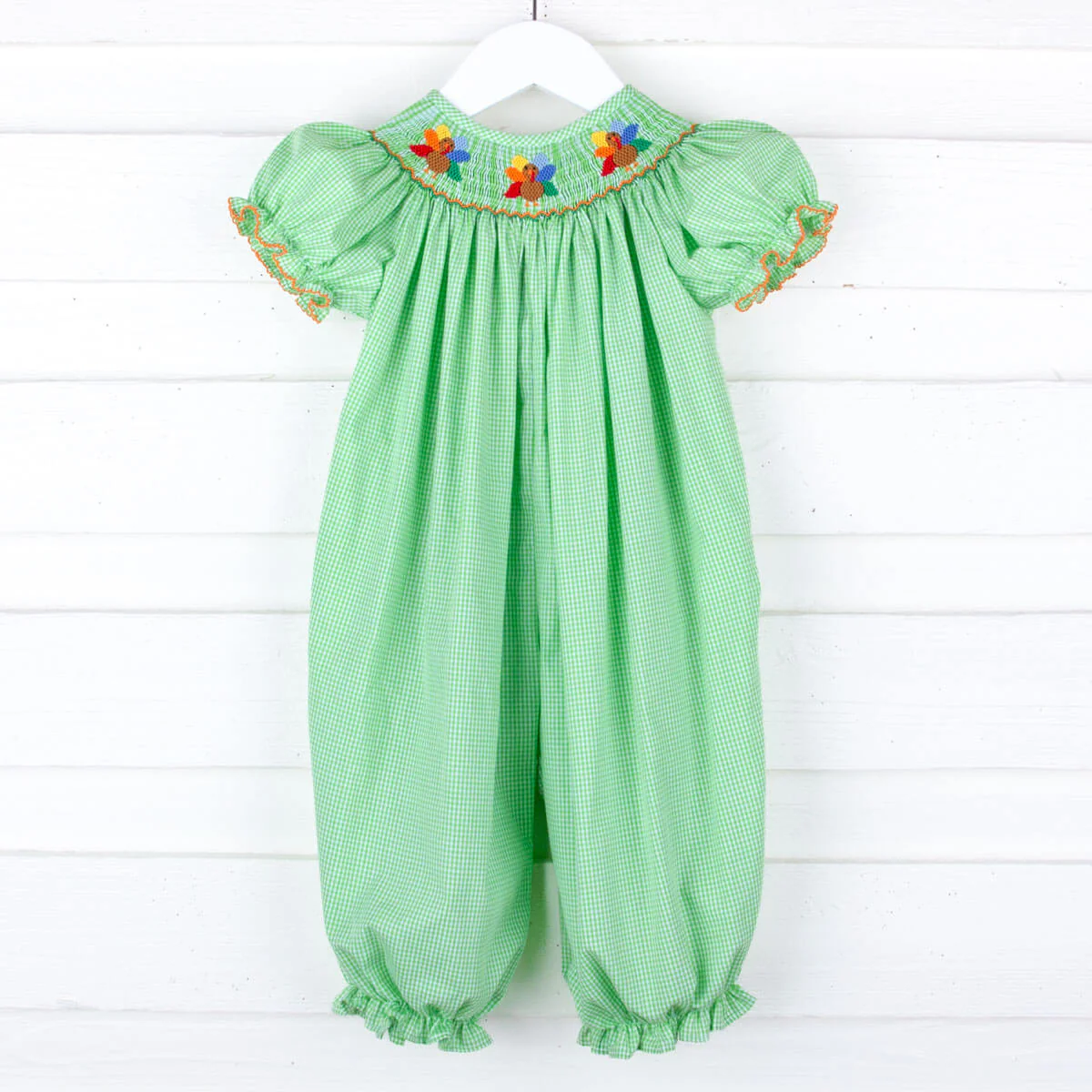 Smocked Turkey Lime Green Gingham Long Bubble