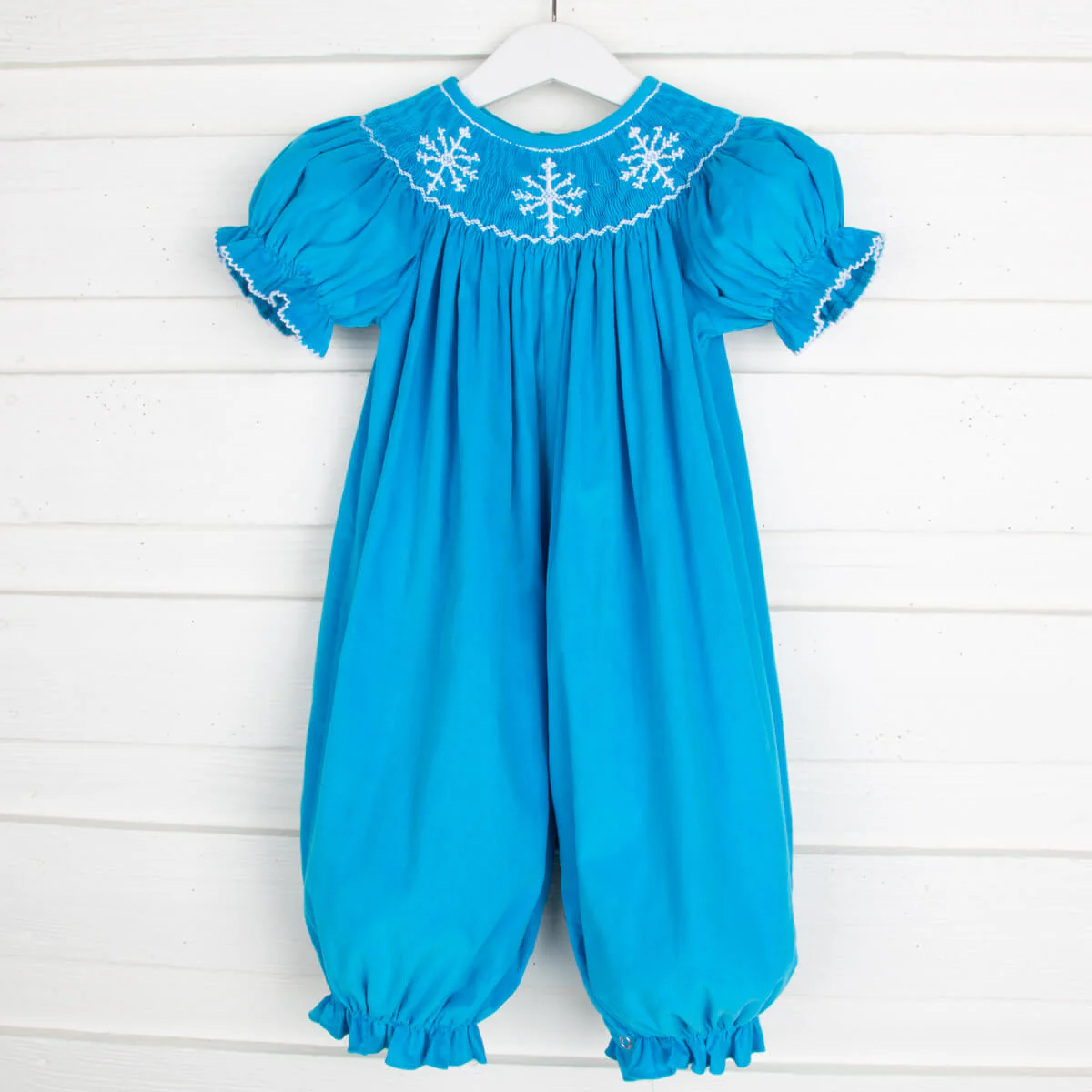 Snowflake Smocked Long Bubble Turquoise Corduroy