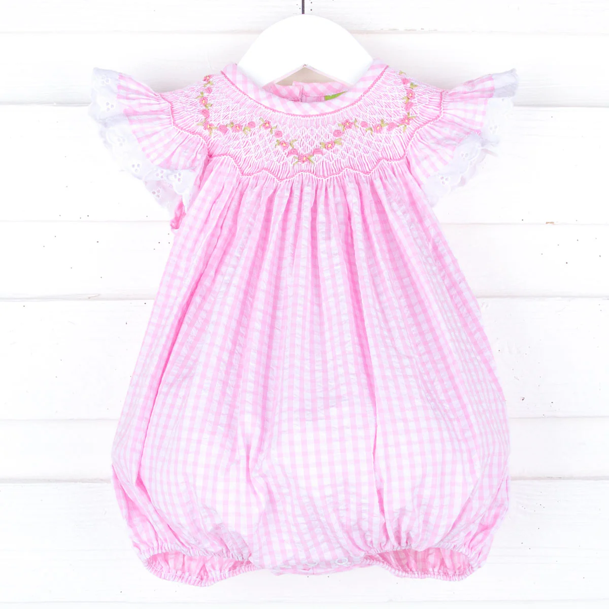 Geometric Floral Smocked Pink Check Bubble