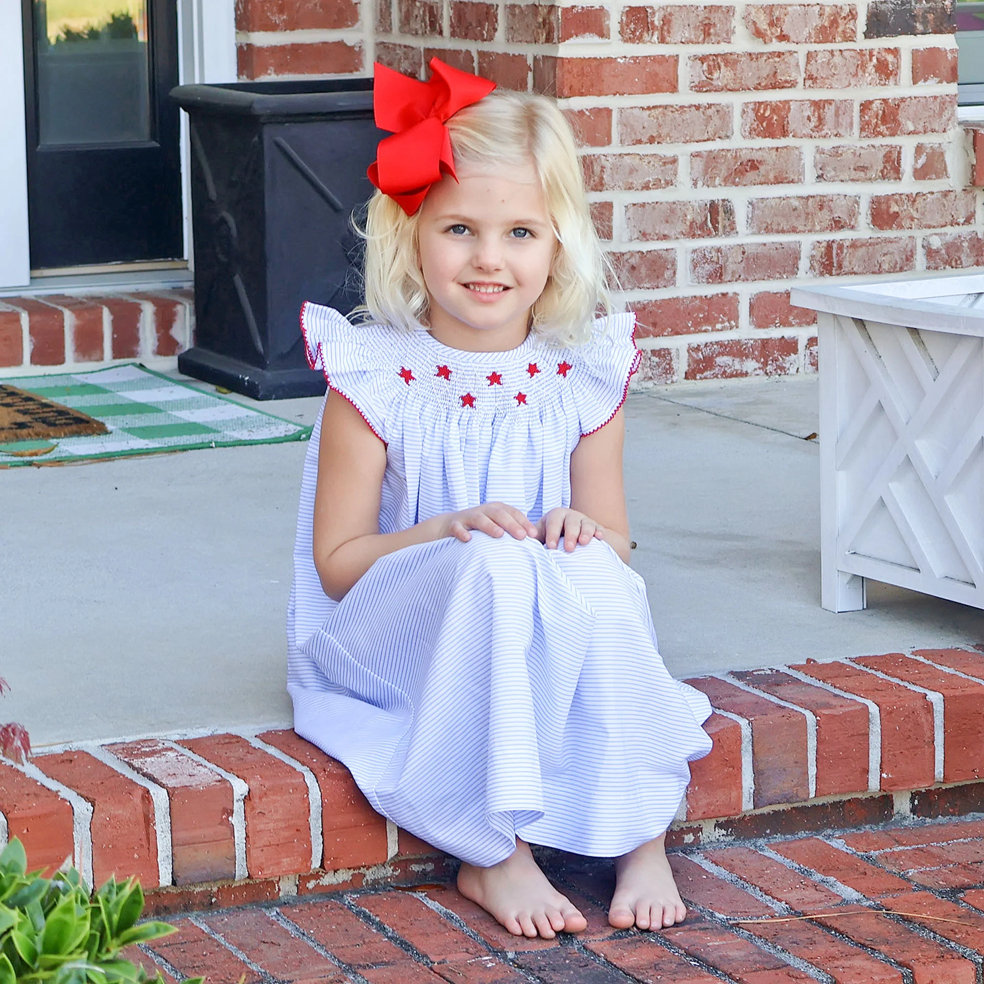 Stars and Stripes Light Blue Smocked Angel Sleeve Dress