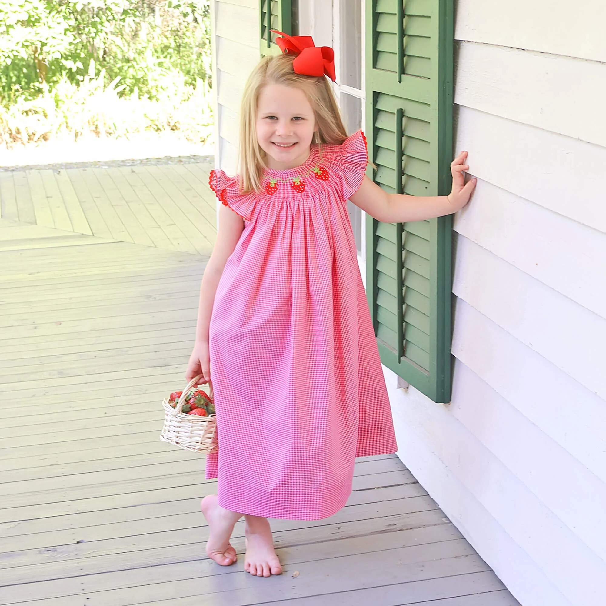 Strawberry Smocked Red Gingham Angel Sleeve Dress