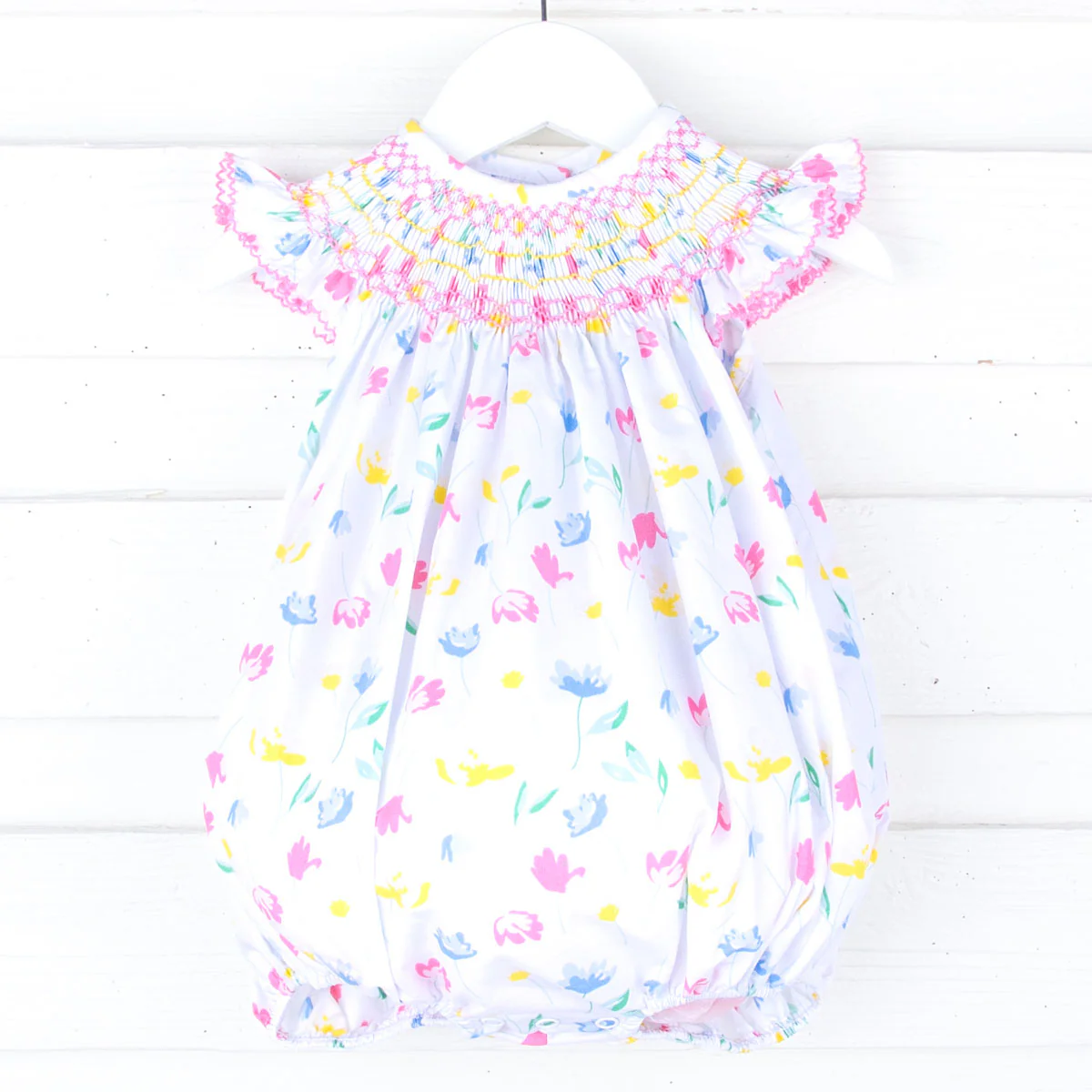Sweet Pink Floral Smocked Angel Sleeve Bubble
