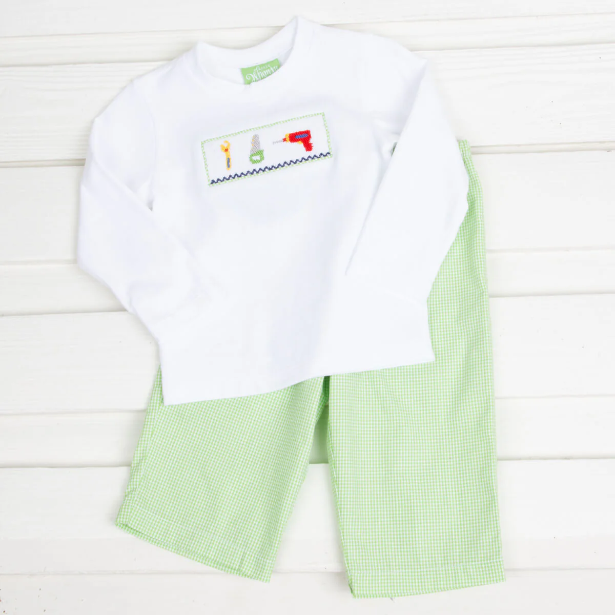 Toolbox Smocked Pant Set Lime Green Gingham