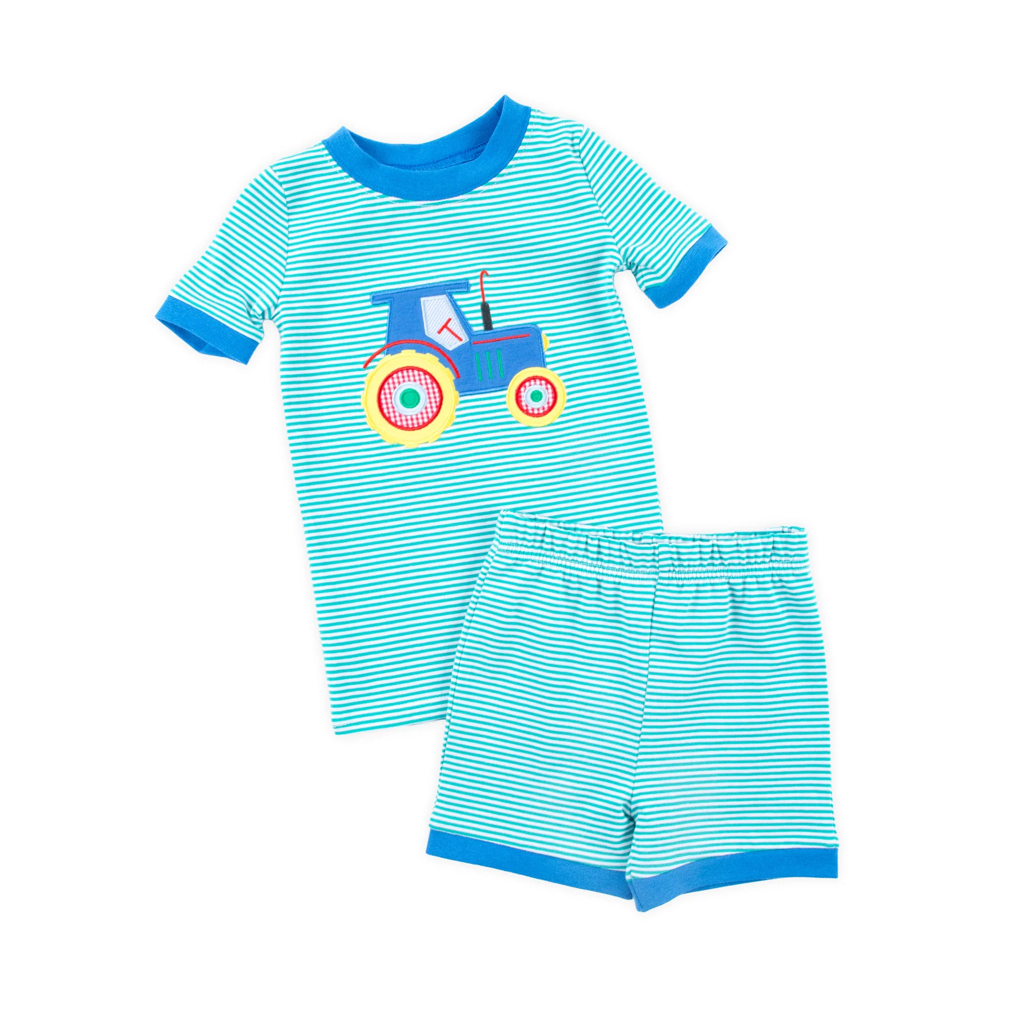 Tractor Applique Green Stripe Short Pajamas - Image 3