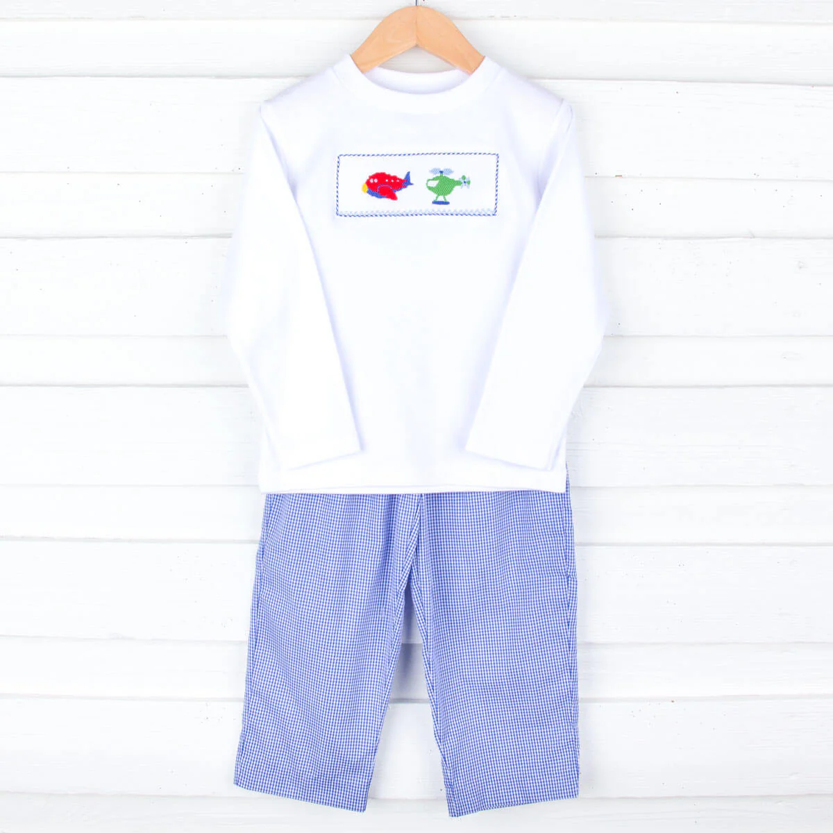 Transportation Smocked Royal Blue Gingham Pant Set