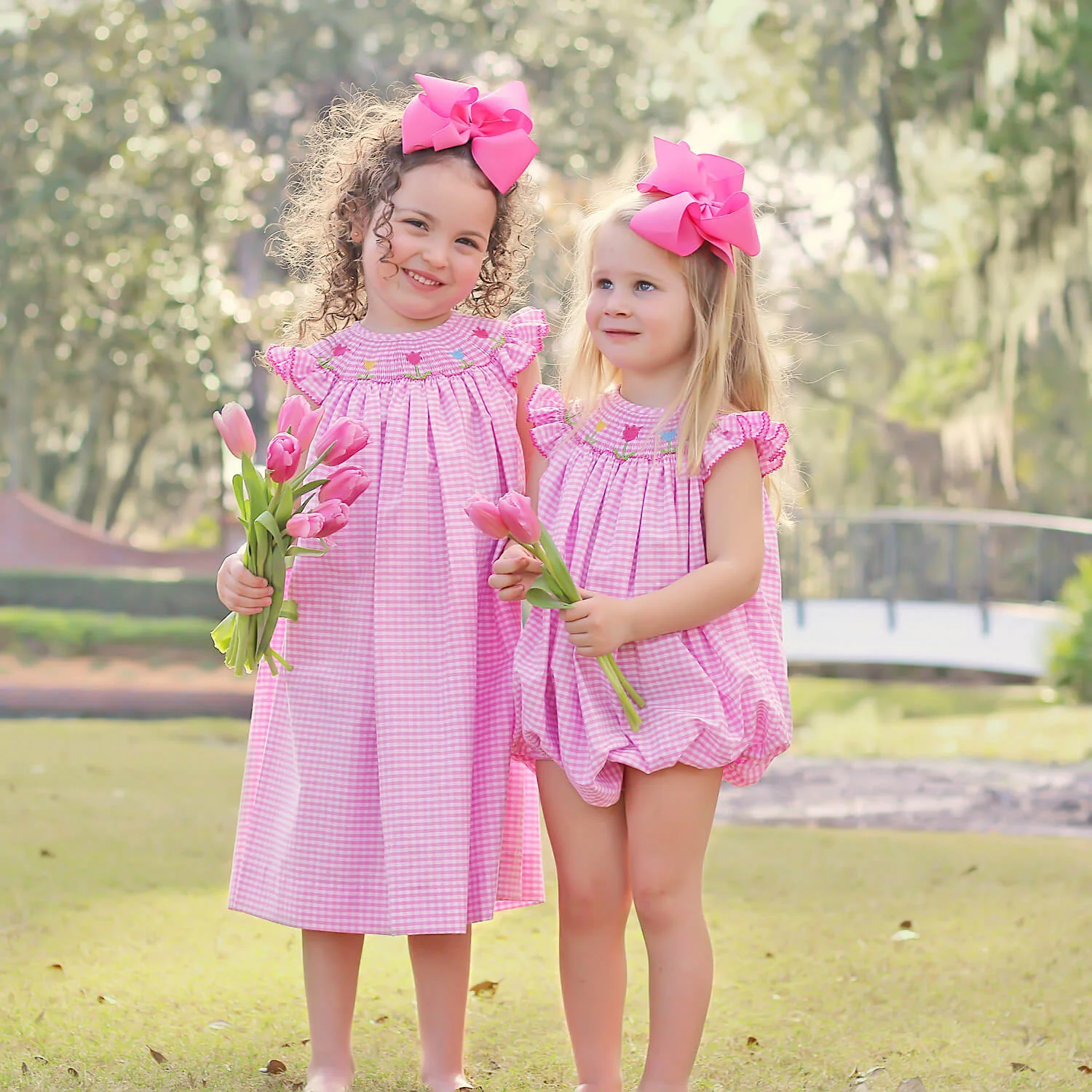 Tulip Season Pink Gingham Smocked Bubble - Image 6