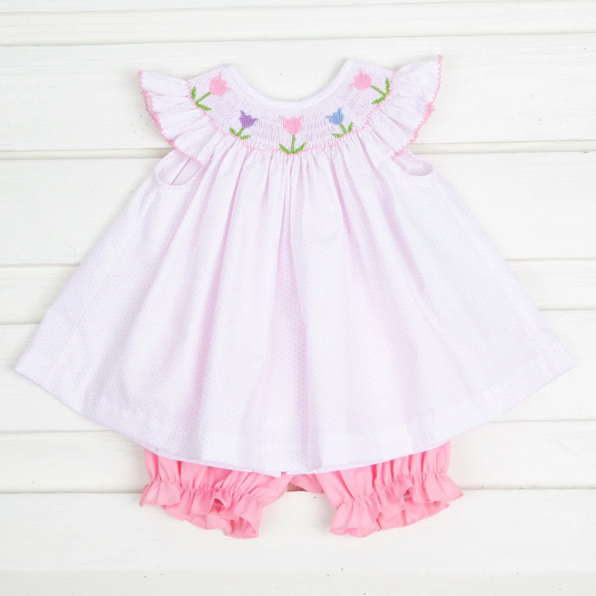Tulip Smocked Bloomer Set Pink Dot