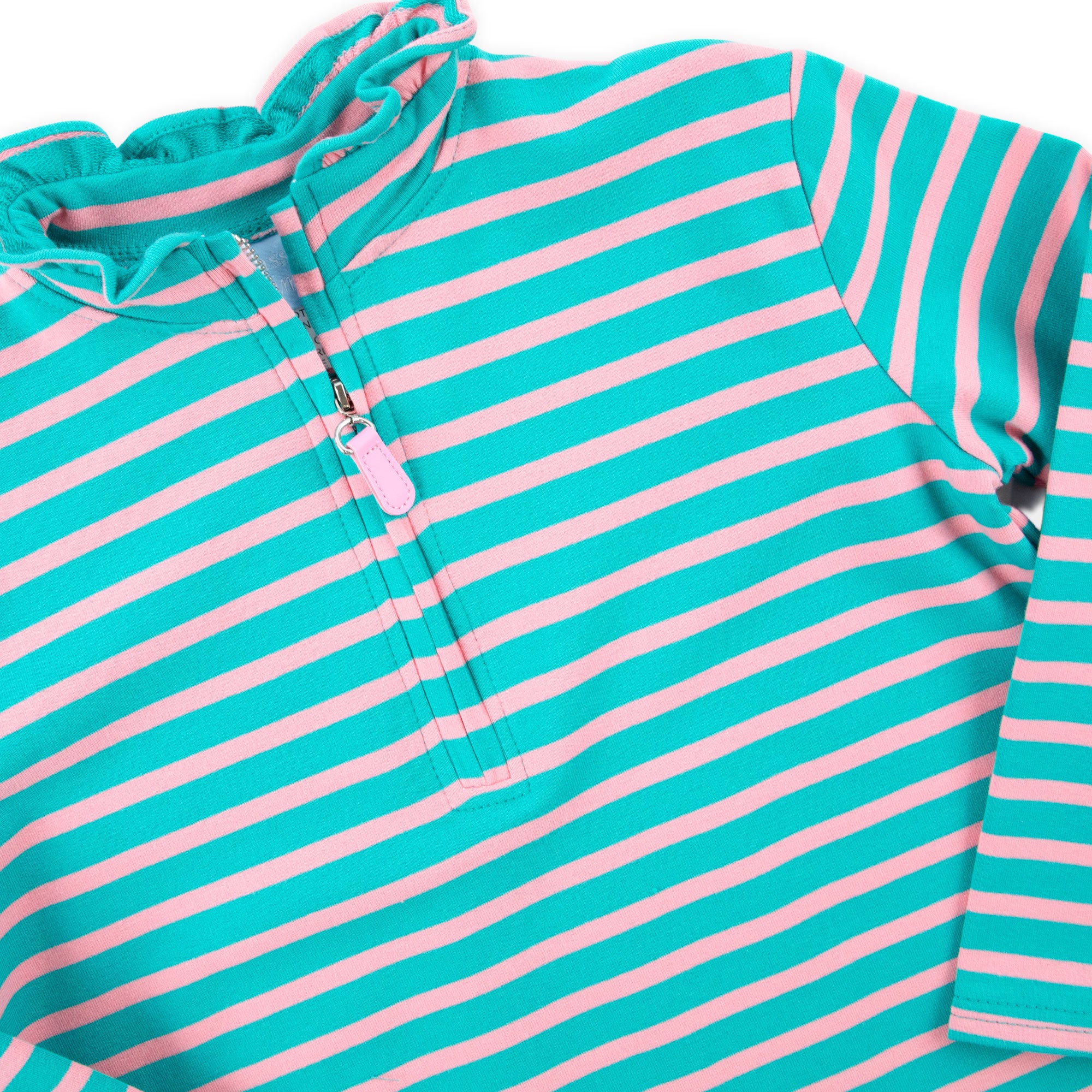 Turquoise & Pink Stripe French Terry Half Zip Pullover - Image 2