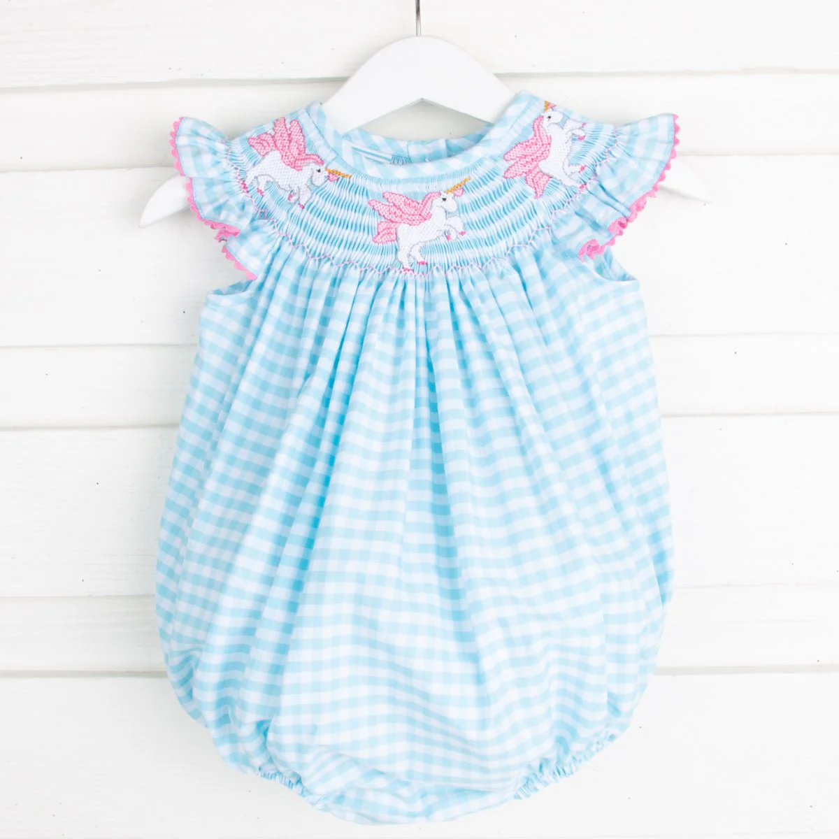 Unicorn Smocked Bubble Turquoise Gingham