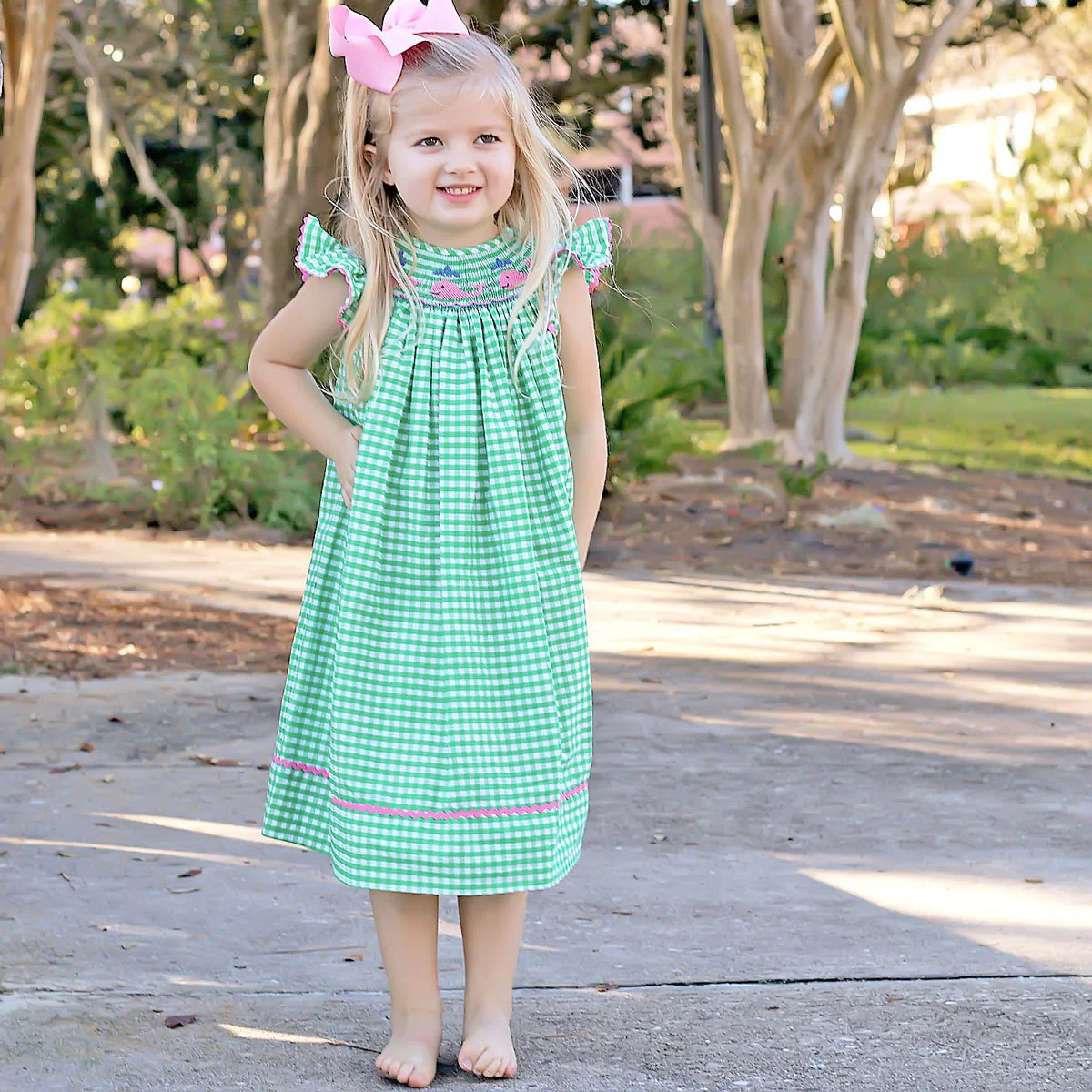 Whale Smocked Dress Green Check