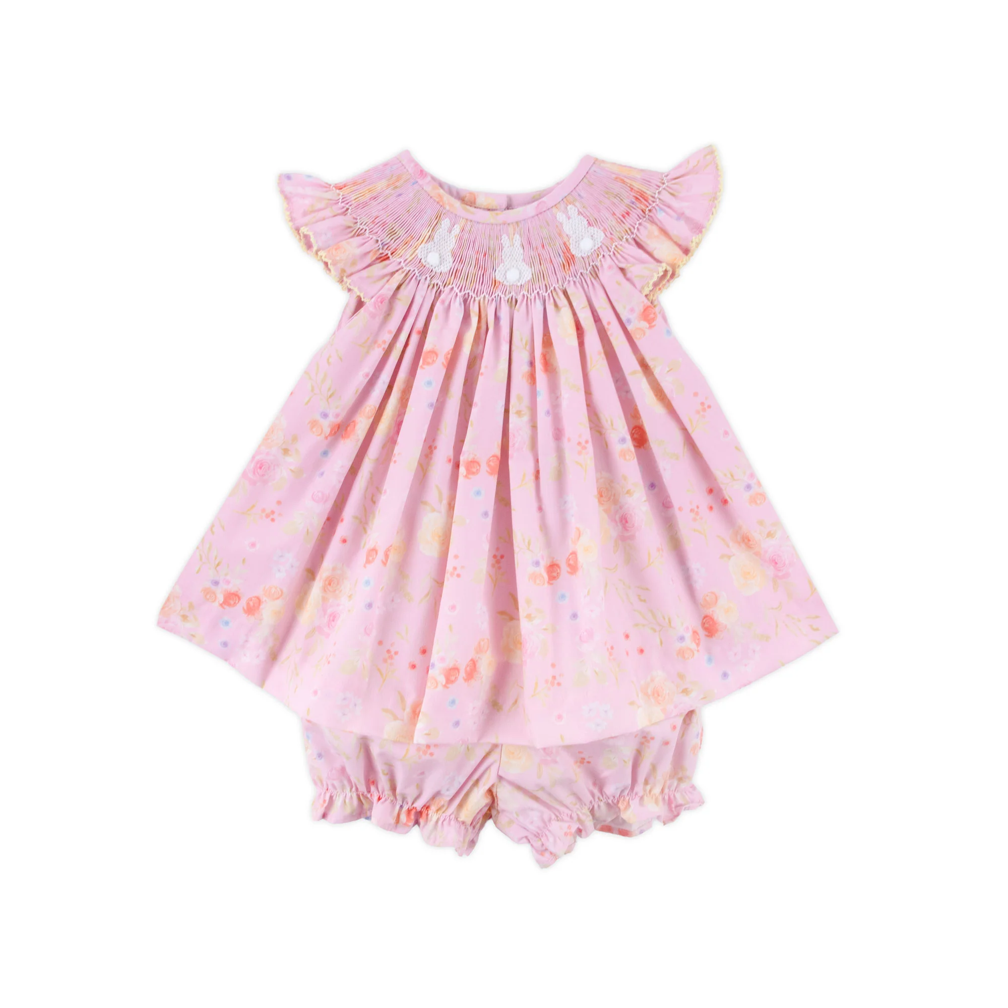 Whimsical Floral Bunny Smocked Pink Bloomer Set