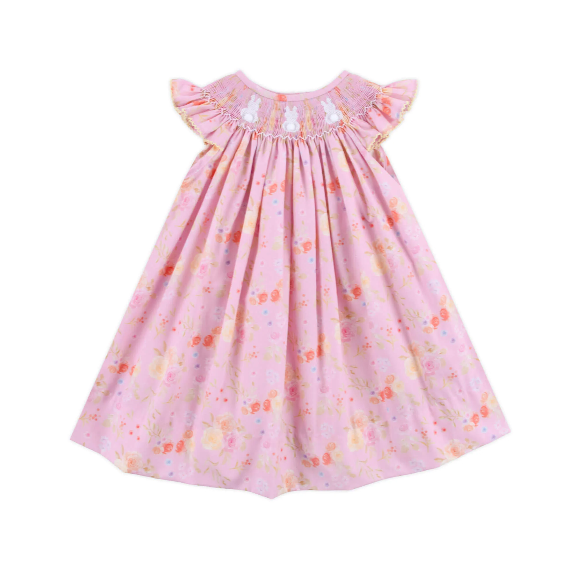 Whimsical Floral Bunny Smocked Pink Dress