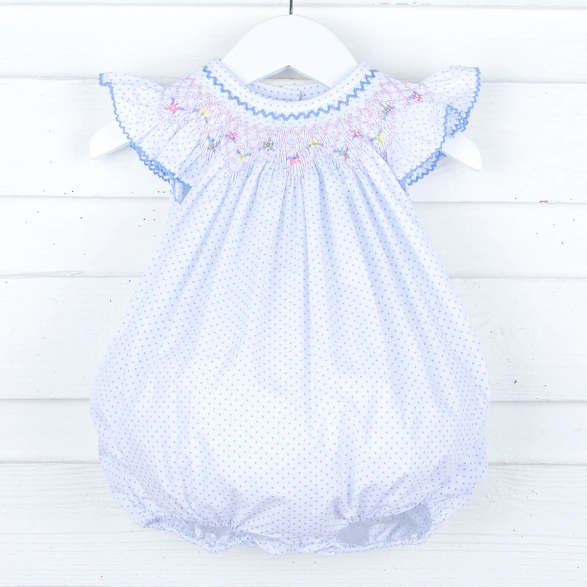 Wild Flowers Smocked Light Blue Polka Dot Bubble