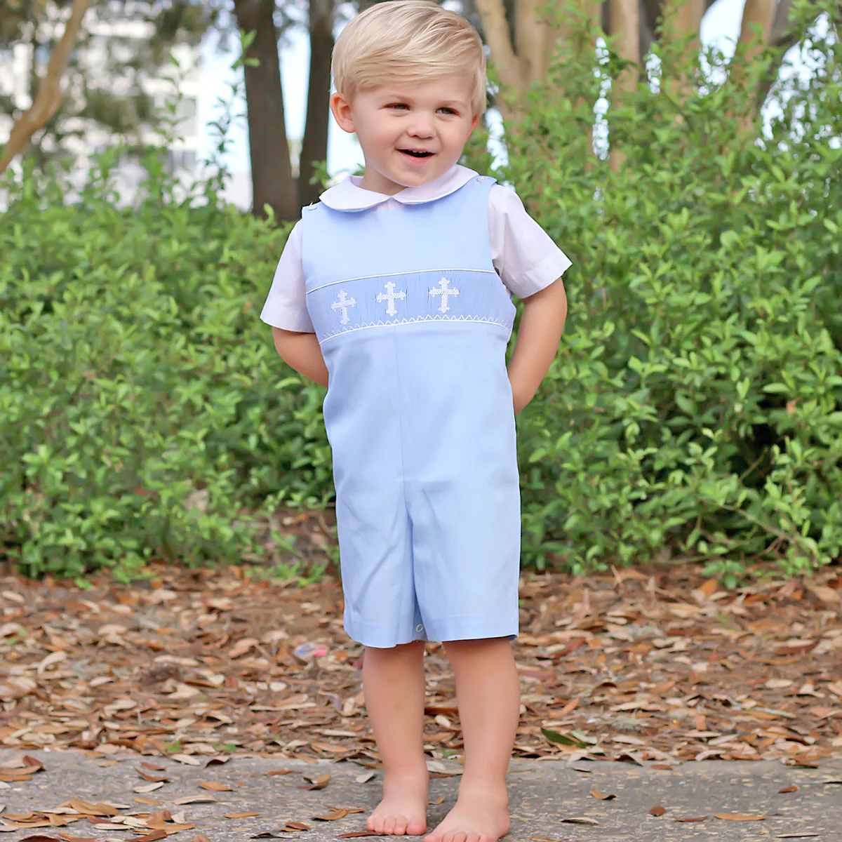 Cross Smocked Light Blue Pique Jon Jon