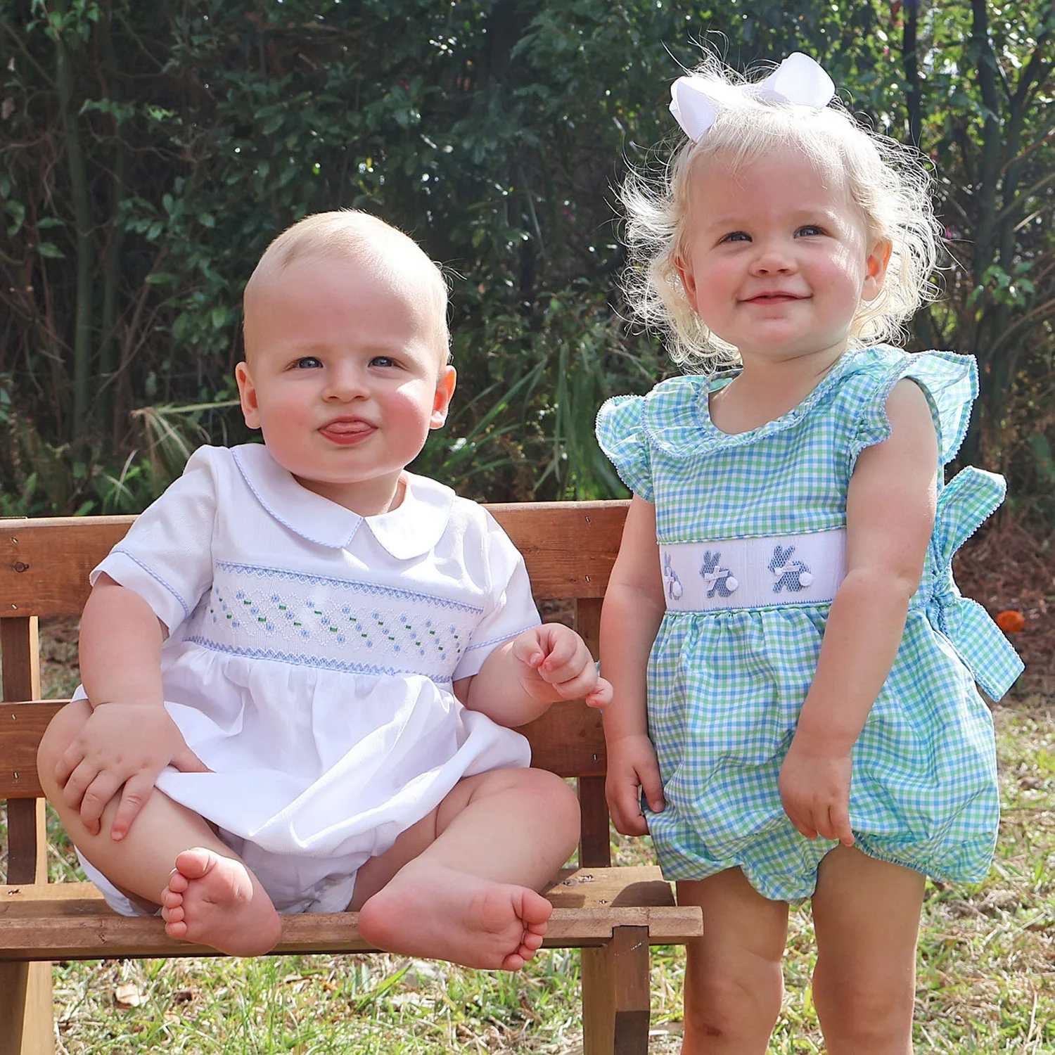 Easter Bunny Smocked Blue & Green Gingham Beverly Bubble - Image 5