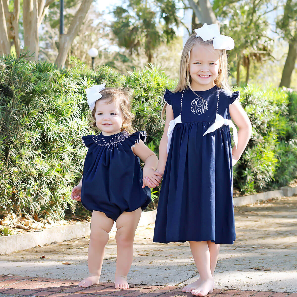 White Geometric Vine Smocked Bubble Navy Pique - Image 6