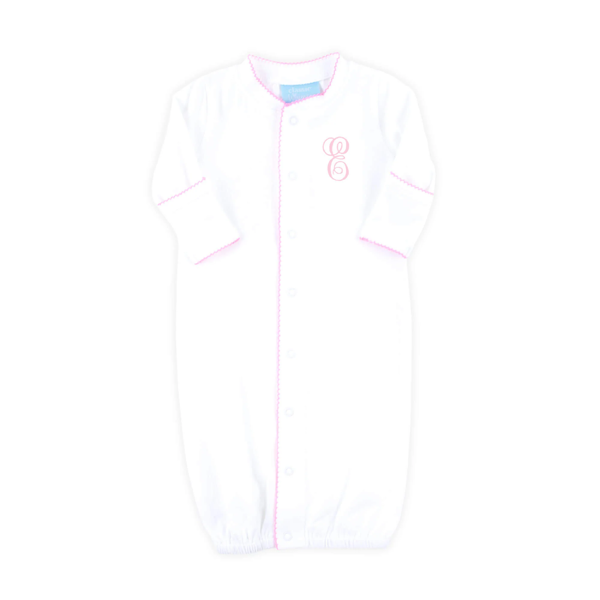 White Layette Gown with Pink Trim