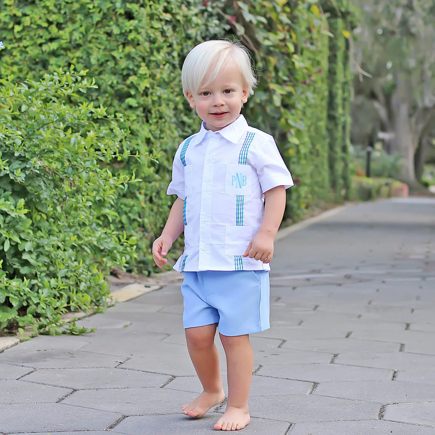 White with Blue & Green Embroidered Guayabera Shirt - Image 3