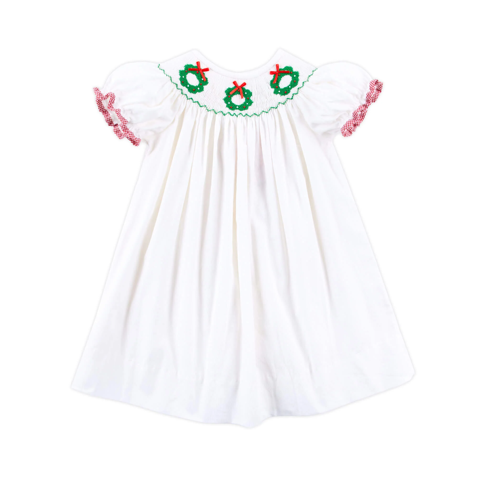 Wreath Smocked White Corduroy Bishop Dress - Image 2