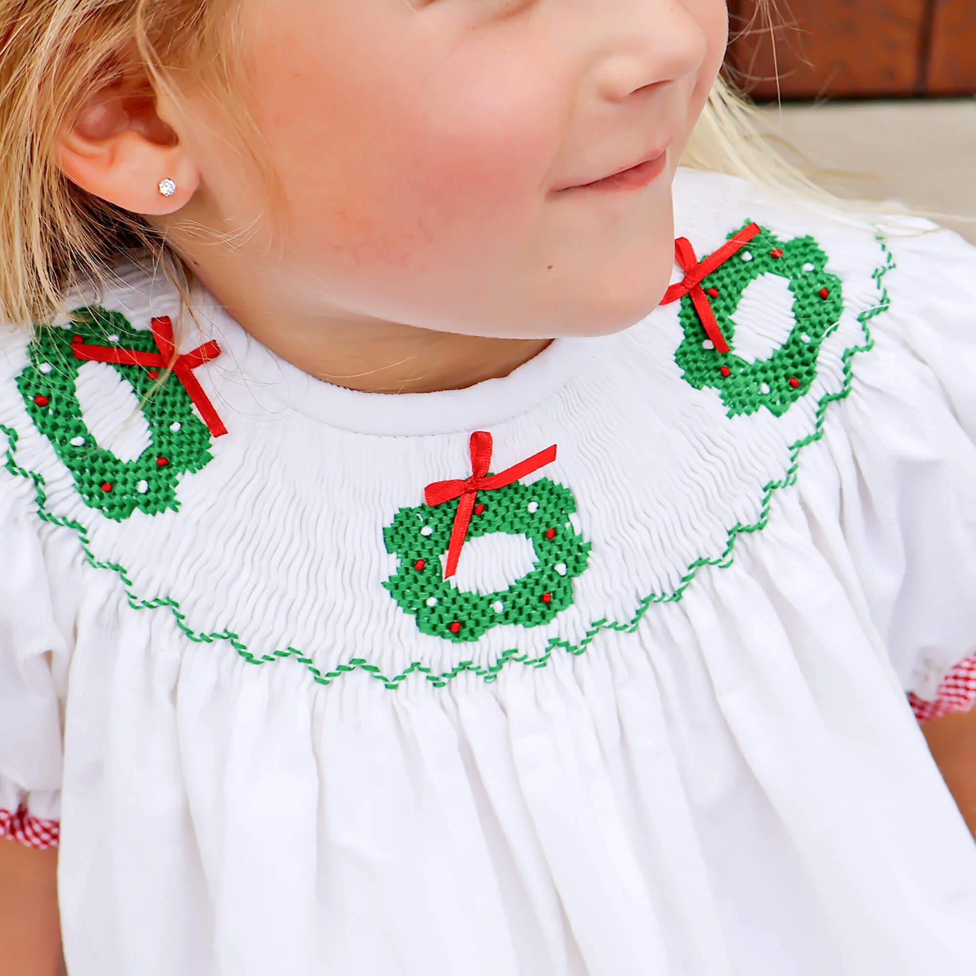 Wreath Smocked White Corduroy Bishop Dress - Image 3